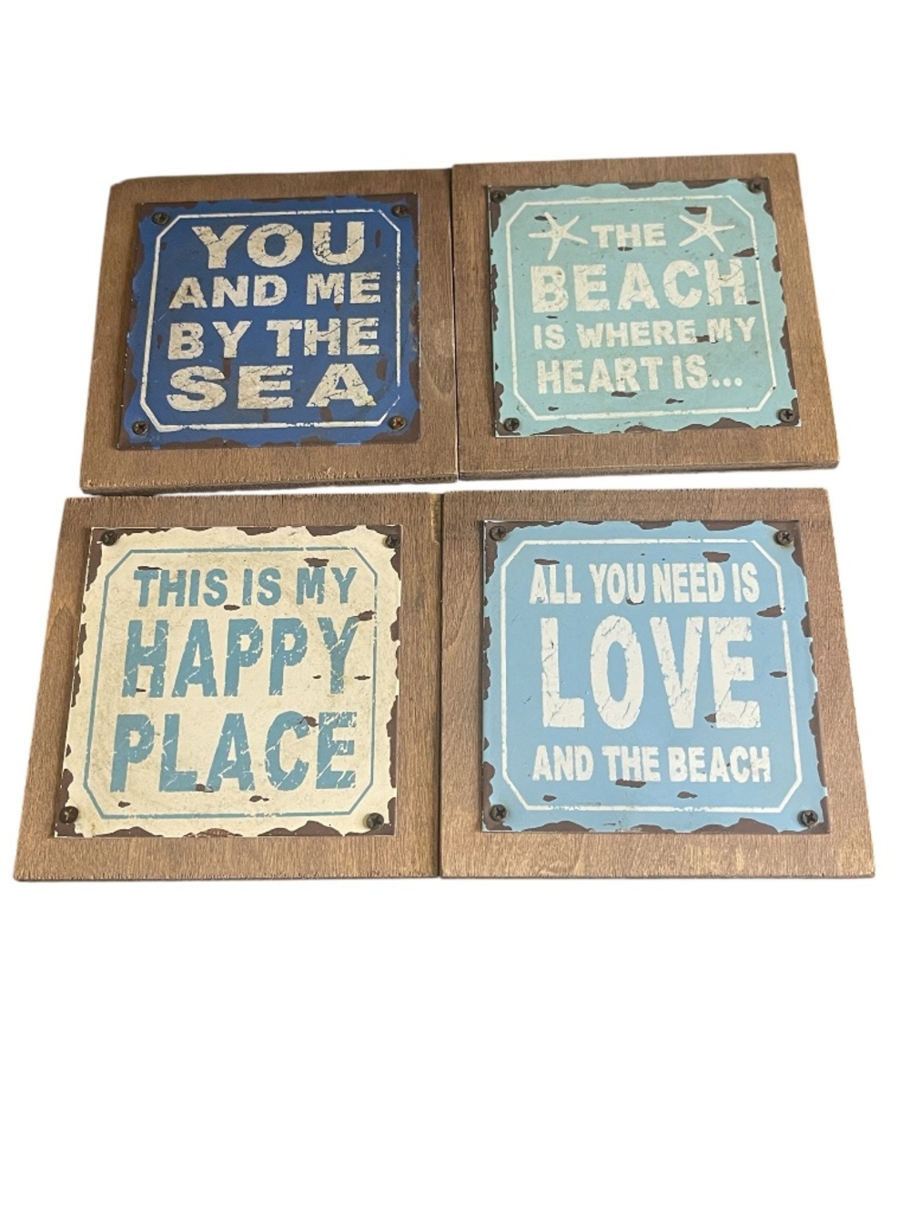 Beach Life Set of 4 Rustic Wood and Tin Coasters Sand Salt Sun Summer